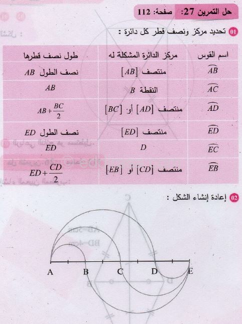 حل التمرين رقم 27 صفحة 112 مادة الرياضيات للسنة الثانية متوسط الجيل الثاني: دائرة، قوس دائرة 3
