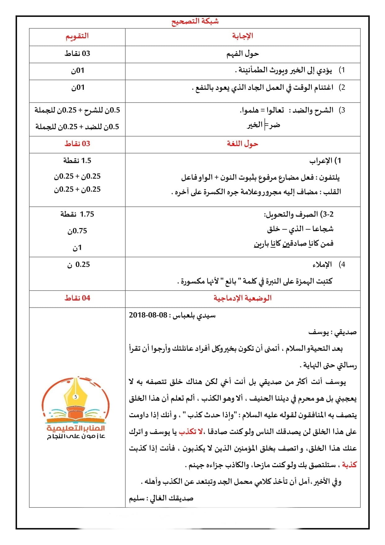 الموضوع التجريبي رقم 7 في اللغة العربية مع الحل النموذجي لشهادة التعليم الابتدائي 2021 2