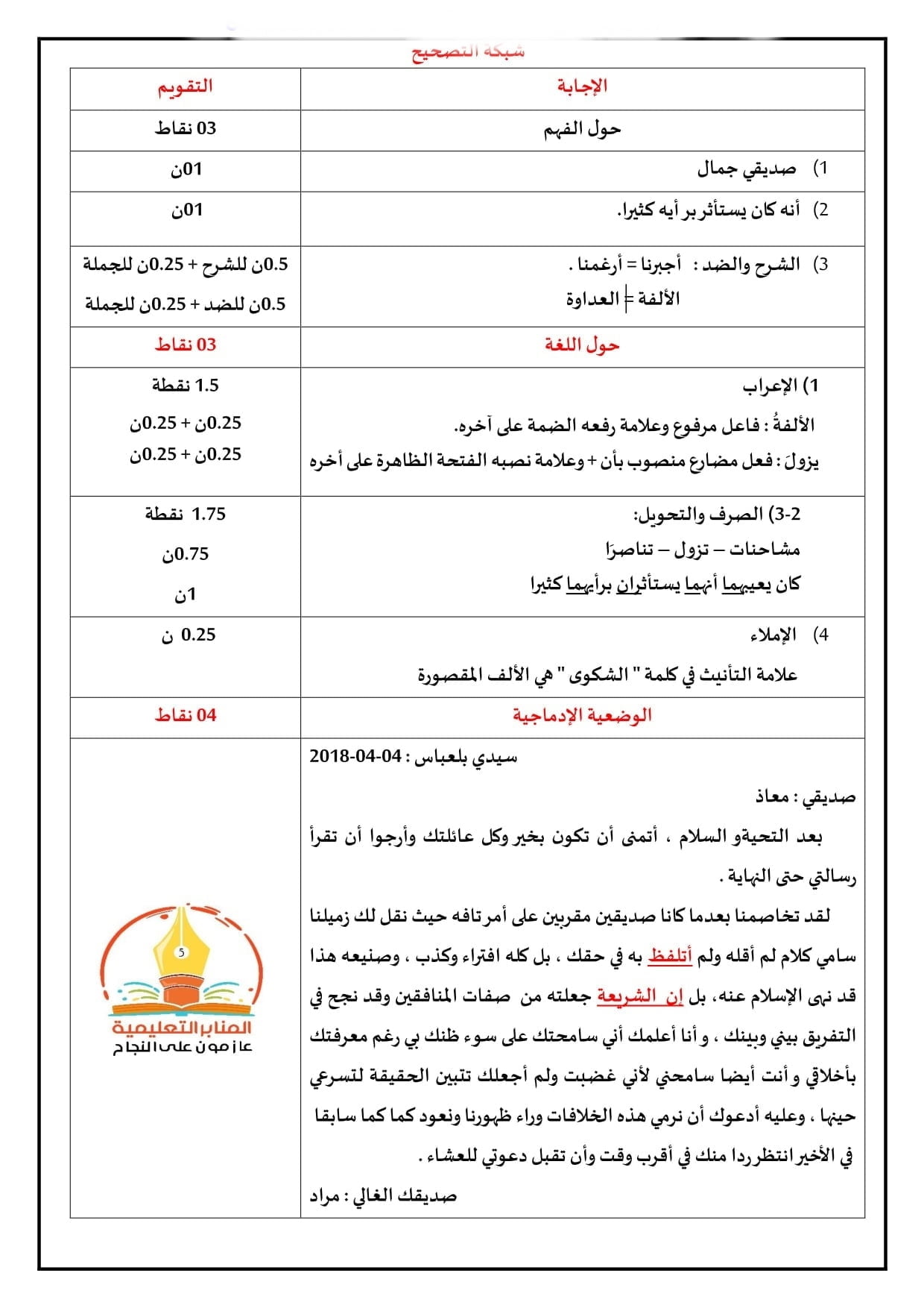 الامتحان التجريبي رقم 8 مع الاجابة في اللغة العربية لشهادة التعليم الابتدائي 2021 2